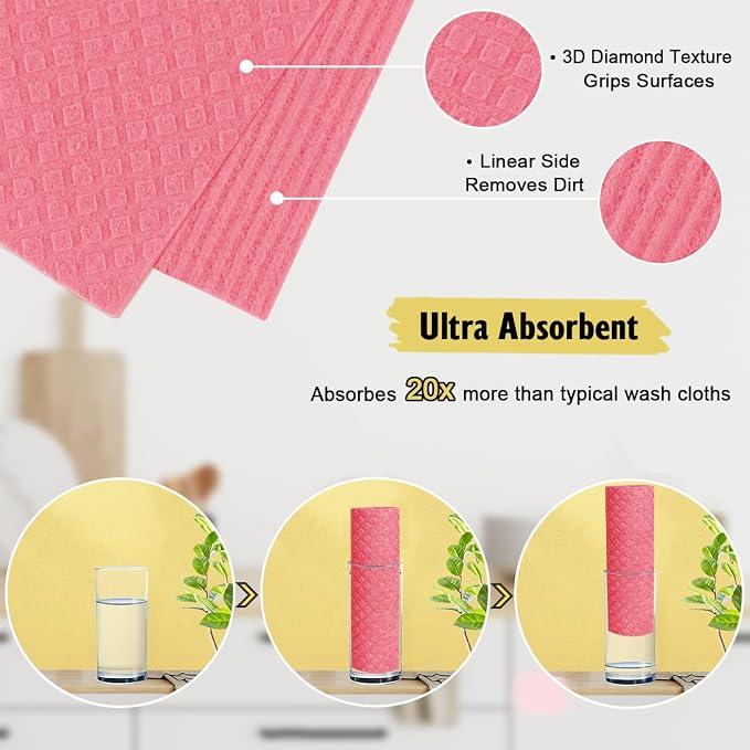 MoLKENE Swedish Dishcloths for Kitchen | 6 Pack Absorbent Cellulose Sponge Cloths Washable | Non-Scratch Reusable Paper Towels Quick Drying Cleaning Cloths - Pink
