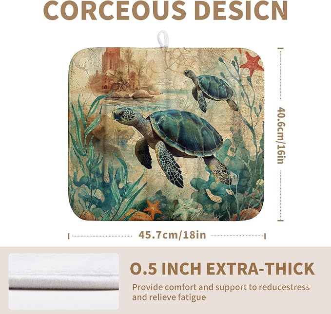 Vintage Ocean Sea Turtle Dish Drying Mats for Kitchen Counter 16 X 18 Inch Summer Turtle Dish Mat Drying Kitchen Mat Nautical Coastal Absorbent Drying Mat with Hanging Loop, 240219