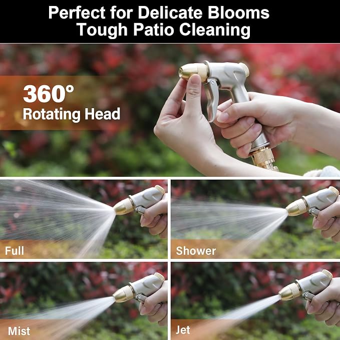 100% Metal Heavy Duty Garden Hose Nozzle with Brass Nozzle with 4 Patterns | Fits 3/4” Garden Hose Thread for Plants, Lawns, Cars, Patio, Car, Window