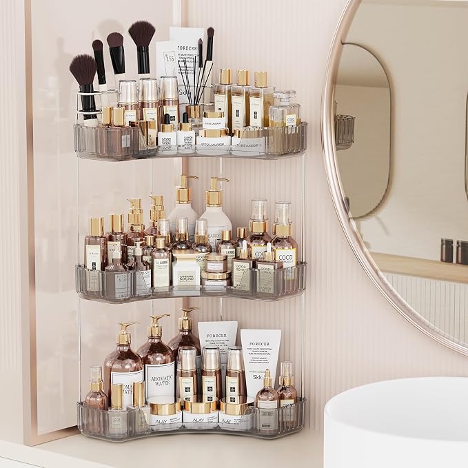 Asayuee 3-Tier Corner Bathroom Counter Organizer with Top Toothbrush Holders,Large Makeup Organizer Countertop with Brush Holder,Skincare Organizers Corner,Exquisite Vanity Organizer (Gray, 3 Tier)
