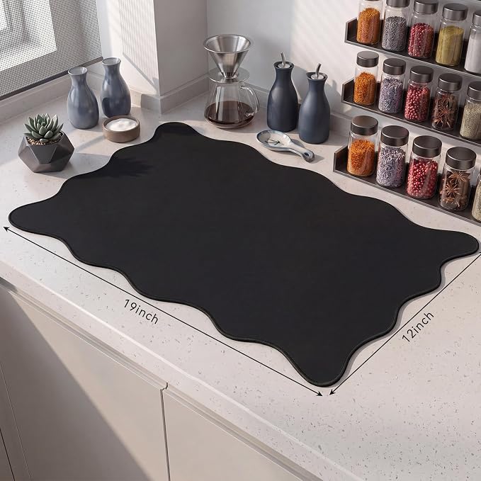 Nuanchu Black Scalloped Dish Drying Mat for Kitchen Counter, Waterproof Easy Clean Non-slip Coffee Bar Station Accessories, Trendy Cute Aesthetic Modern Drainer Kitchen Drying Mat, 12" x 19"
