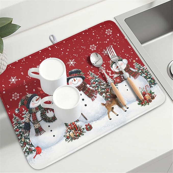 Christmas Snowman Dish Drying Mat for Kitchen Counter 18x24 Inch | Red Xmas Theme Trees Snowflake Pattern Dish Drainer Mat Rustic Winter Holiday Absorbent Washable Drying Pad