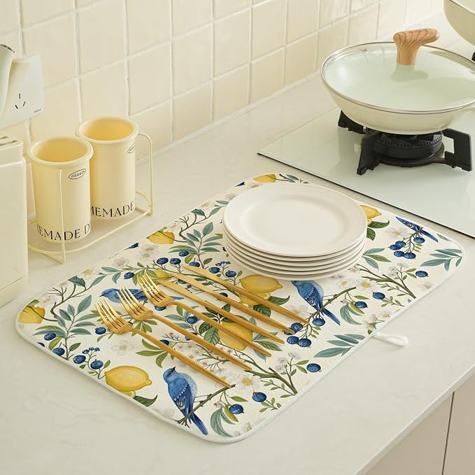 chinoiserie Navy Blue Green Bird Flower Dish Drying Mats 18x24 Inch Vintage Botanical Yellow Lemon Floral Decorative Kitchen Decor Drying Pad Rack Drainer Mats for Kitchen Dining Room Counter