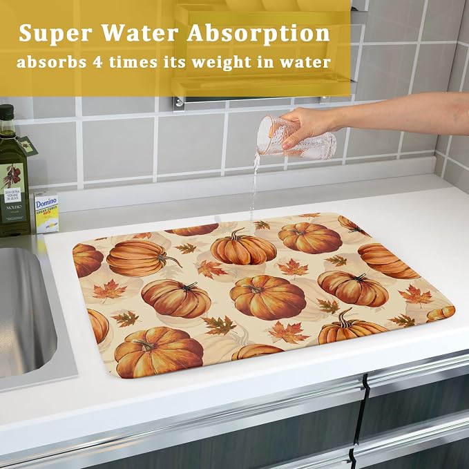 Fall Dish Drying Mat for Kitchen Counter Watercolor Pumpkin Festival Microfiber Absorbent Dish Draining Reusable Washable Foldable Extra Large 18"x24"