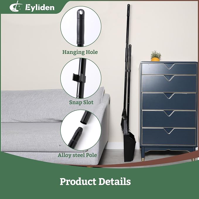 Eyliden Large Commercial Dustpan with Comb Teeth, Upright | Heavy Duty Dust Pan for Restaurants Garages Courtyard Sidewalks Lobby Home Kitchen Room Office Classroom, Black
