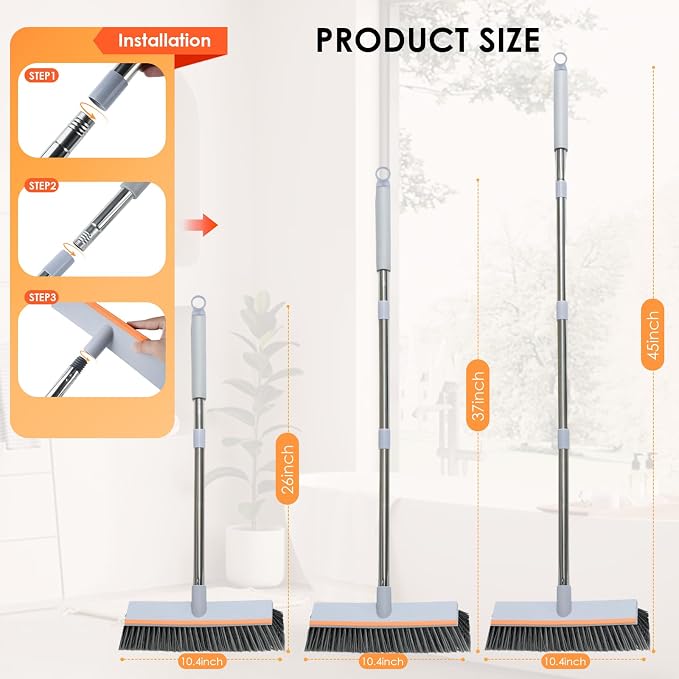 Floor Scrub Brush with 45" Long Handle, 2-in-1 Heavy-Duty Scrub Brush Broom | Stiff Bristle Scrubbing Brushes with Scrape Squeegee for Cleaning Bathroom, Kitchen, Patio, Pool, Garage, Tile, Wall, Deck