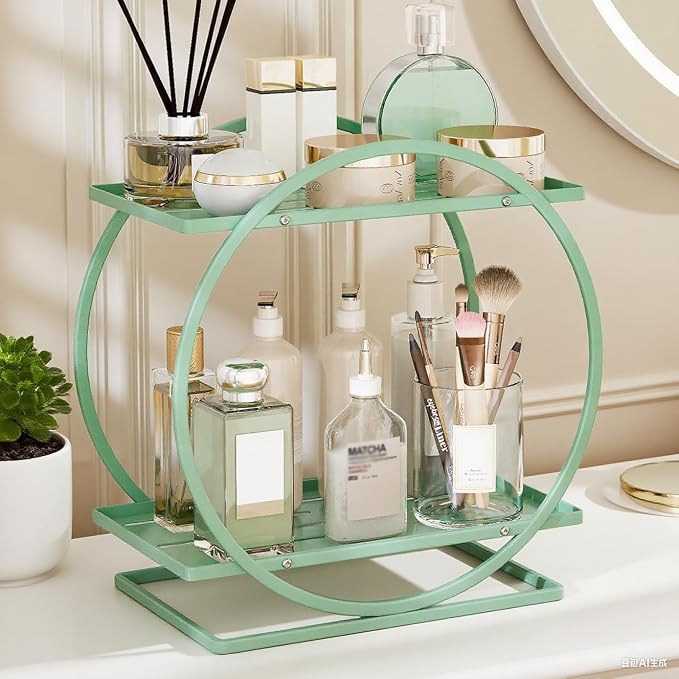 Perfume Organizer for Dresser, 2-Tier Bathroom Counter Organizers, Elegant Round Makeup Organizer for Vanity, Bathroom Organizer Countertop Shelf, Perfume Tray Skincare Storage (Green)