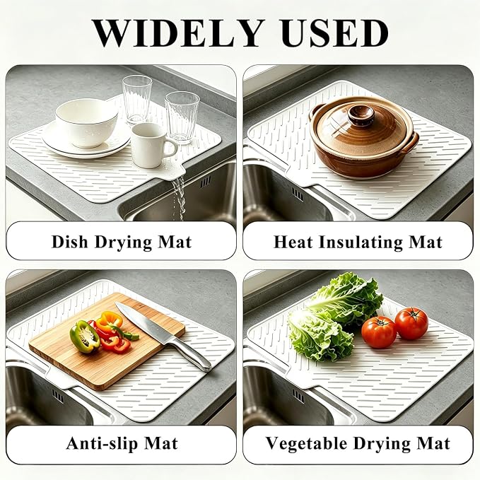 Silicone Dish Drying Mat for Kitchen Counter,23"X17" With Built-in Drain Lip,Food-Grade Silicone,Heat-Resistant Eco-friendly Hygienic Drying Mat Leak-Proof and Non-Slip,Multi-Functional Use（White）
