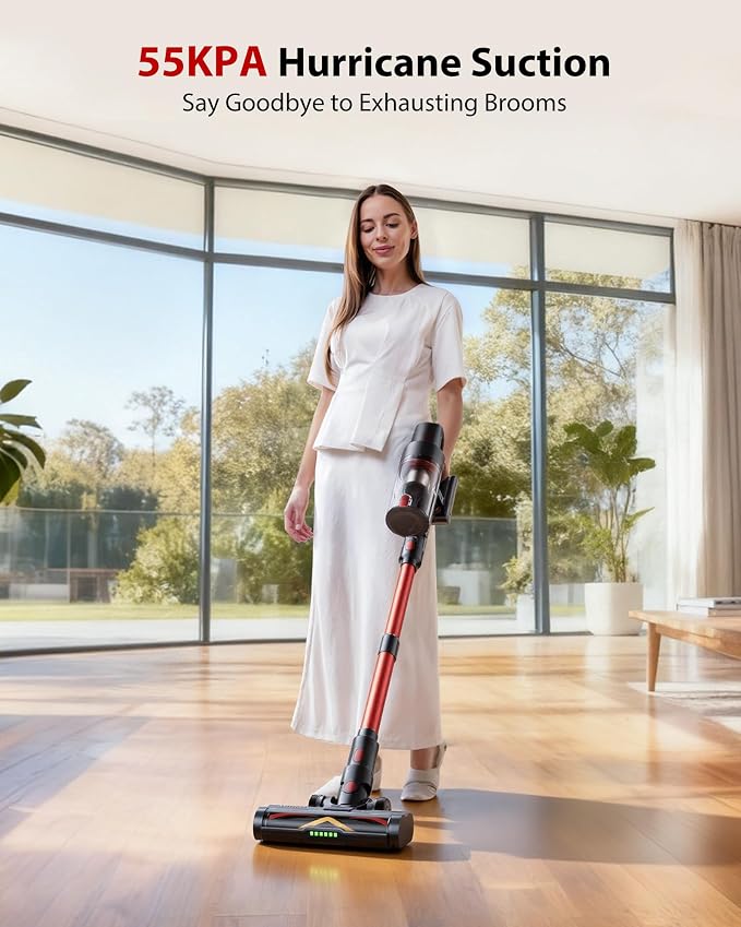 Cordless Vacuum Cleaner, 75Mins/55KPa/650W, Rechargeable | Anti-Static&Anti-Tangle Brush, Extra Replacement Washable HEPA Filter, for Hard Floor, Carpet, Pet Hair, Freestanding