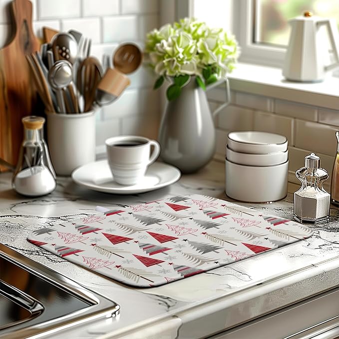 Christmas Dish Drying Mats for Kitchen Counter Xmas Tree Drying Mat Winter Holiday Dishes Drying Pad Microfiber Absorbent Dish Draining Mat Washable Dish Drainer Rack Mat 16x18 Inch