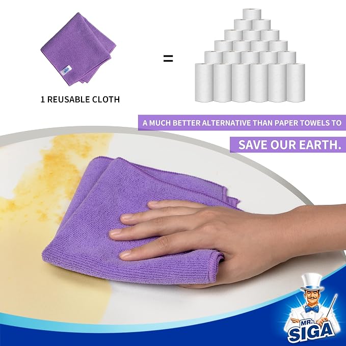 MR.SIGA Microfiber Cleaning Cloths, Streak Free Microfiber Towels, 12 Pack | All-purpose microfiber cloths, ultra absorbent, reusable household cleaning towels, Purple, 32 x 32 cm(12.6 x 12.6 inch)
