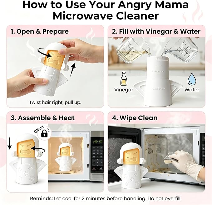 Angry Mama Microwave Oven Steam Cleaner, Angry Mom Microwave Cleaner, Just Add Vinegar and Water, Cut Cleaning Time by Half (White)