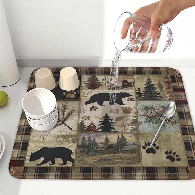 Giwawa Black Bear Dish Drying Mat Forest Cabin Decorative Dishes Pad 16x18 Inch Absorbent Fast Dry Dish Drainer Rack Mats for Kitchen Counter Sink