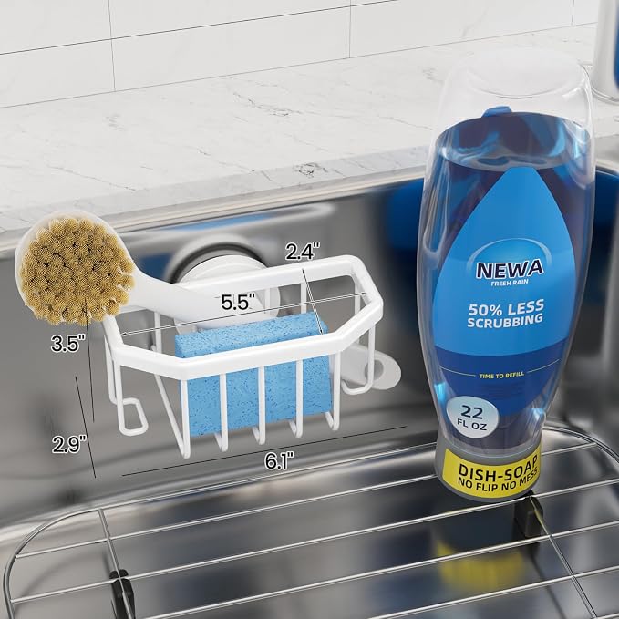 TAILI Sponge Holder for Kitchen Sink with Strong Suction Cup Removable, Rustproof Aluminum Sink Caddy for Sponge, Brush, Scrubber, Scraper -White
