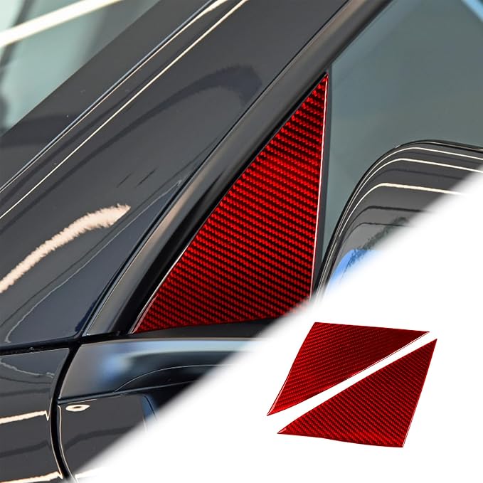 Red Real Carbon Fiber Trim for Tesla Accessories | for Model 3 2017-2022 / Model Y 2020-2024 Door Window A Pillar Triangle Sticker Interior Thick Overlay Decal