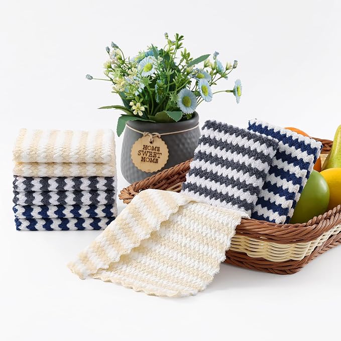 Homaxy 12 Pack Kitchen Dish Cloths, Ultra Soft and Absorbent Dish Towels, Reusable Fast Drying Microfiber Cleaning Cloth, Coral Velvet Wave Design No-lint, 7 x 9 inches, Dark Grey/Navy Blue/Beige