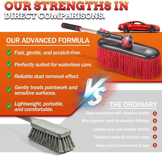 Exterior Car Duster & Brush Kit - Extendable，Wax Cotton | Telescoping auto mop traps pollen scratch-free. Combo with inside detailing tools & bag. Gift for SUV, truck, motorcycle.