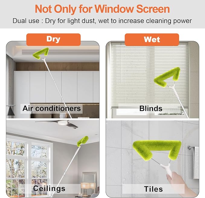 Window Screen Cleaning Brush with 62in Extension Pole | Innovative Fibre Mesh Screen Cleaner for Window Mesh, Patio Screens, Screen Doors, Pool Cage & Fence - Dry or Wet Use