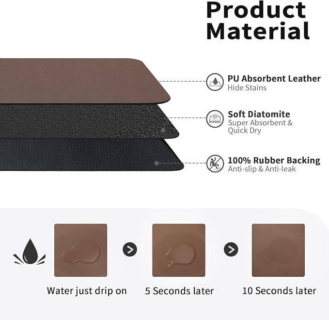 HotLive Dish Drying Mat for Kitchen Counter, Heat Resistant Drainer Mats with Non-slip Rubber Backed, Hide Stain Kitchen Super Absorbent Draining Mat, Easy to Clean Dish Rack Pad, Brown 18"x32"