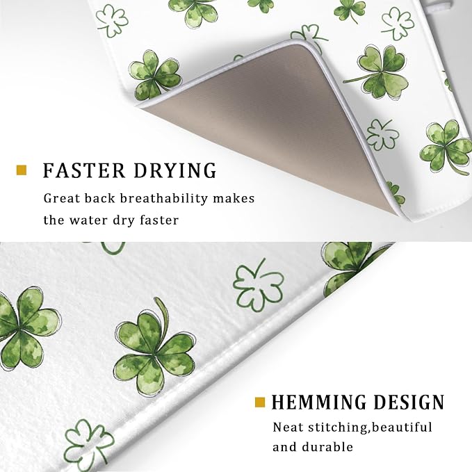 St Patricks Day Dish Drying Mat for Kitchen Counter Cute Shamrocks Holiday Microfiber Absorbent Dish Draining Reusable Washable Foldable Extra Large 18"x24"