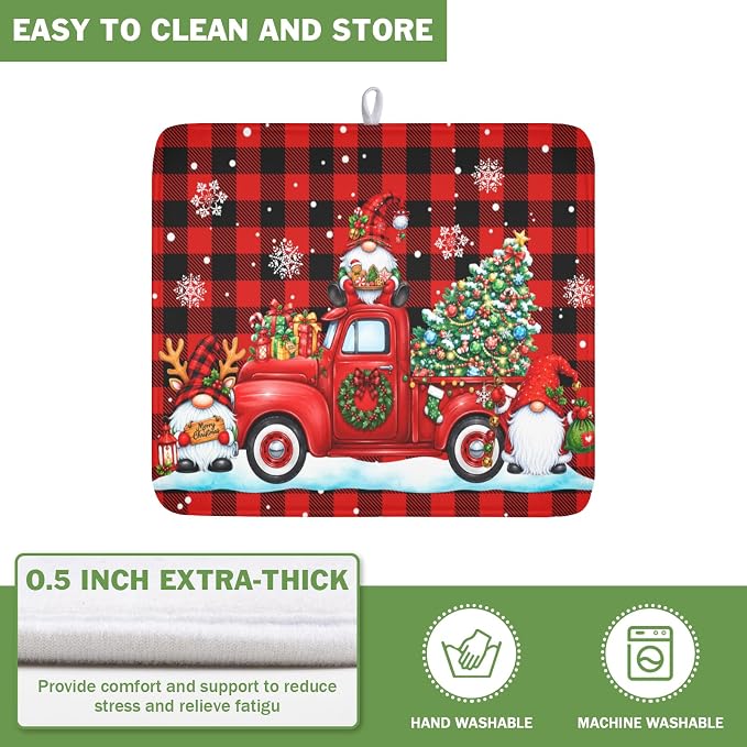 Christmas Dish Drying Mat for Kitchen Counter Xmas Gnome Truck Red Black Buffalo Plaid Dish Drainer Mat Rustic Farmhouse Holiday Absorbent Washable Drying Pad 16"x18"