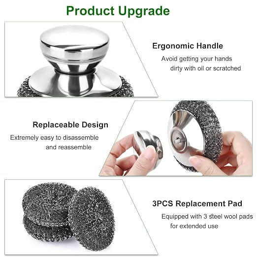 4PCS Steel Wool Scrubber Pads, Stainless Steel Scrubber Set with 3Pcs Steel Wool Pads, Steel Scrubber for Dishes, Ideal for Cleaning Cast Iron, Pots, Pans, Grills, Stoves, Sink, Kitchen Household