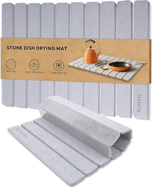 Stone Drying Mat for Kitchen Counter, 24"(L)×16"(W), Drying Matt Kitchen Counter, Quick Dry Stone Dishes Mats, Foldable Diatomaceous Earth Mat (Dove Gray)