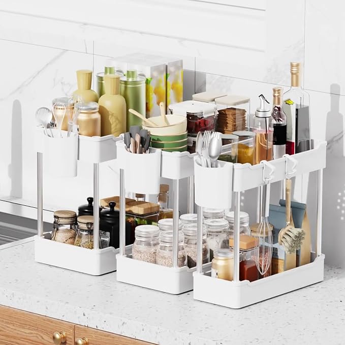3 Pack Under Sink Organizer Bathroom and Storage Cabinet (White) | 2 Tier with Hanging Cups for Kitchen