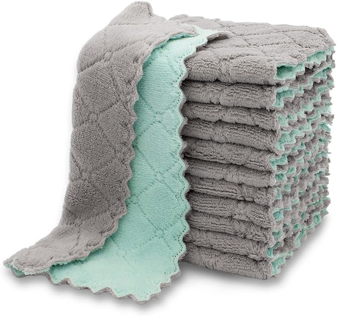 kimteny 12 Pack Dish Cloths for Washing Dishes, Super Absorbent Microfiber Kitchen Dish Rags, Fast Drying Coral Velvet Dish Cloths for Kitchen Counter and Dishes (Green-Grey)