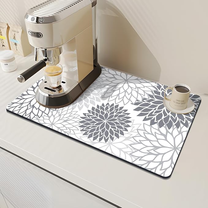 Findosom 2PCS 12" x 20" Dish Drying Mat & 24" x 5.5" Sink Splash Guard, Super Absorbent & Cuttable Dish Mat Drying Kitchen Mat with Gray Floral, Hide Stain Drying Mat for Kitchen Counter