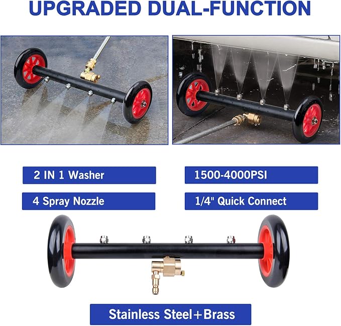 EVEAGE 2-in-1 Undercarriage Pressure Washer Attachment, 16" Pressure Washer Undercarriage Cleaner, Under Car Wash with Extension Wands Wash Mitt, Pressure Washer Accessories 4000 PSI, Red
