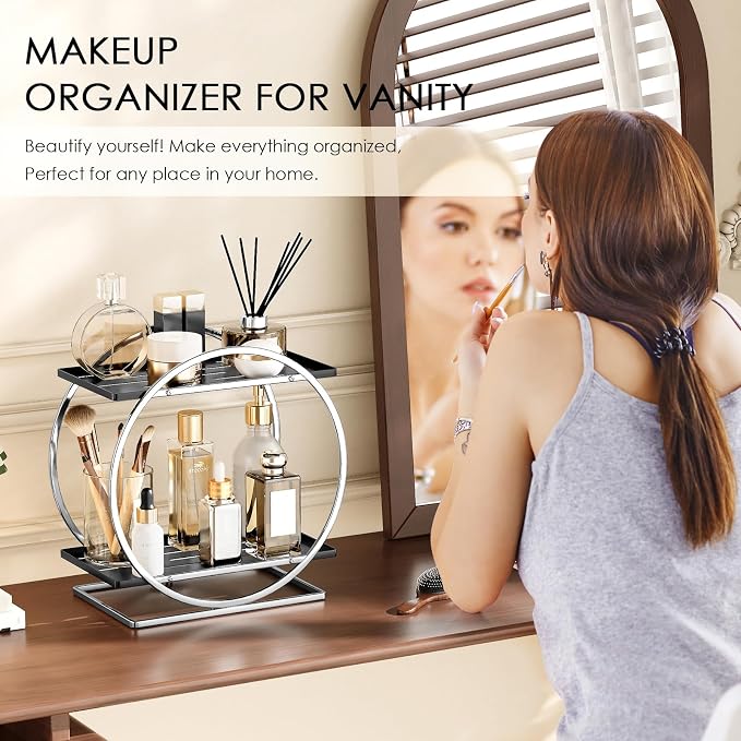 Bathroom Counter Organizer, Silver Black Perfume Organizer for Dresser, 2-Tier Bathroom Organizers and Storage, Exquisite Makeup Organizer Countertop Vanity Tray for Perfume Cosmetic Skincare