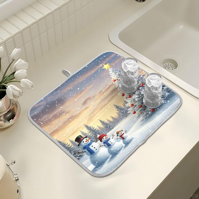 Christmas Tree and Snowman Dish Drying Mat for Kitchen Counter Absorbent Microfiber Large Winter Snowflakes Drying Pad Dish Mats for Kitchen Countertops 18 x 24 Inch