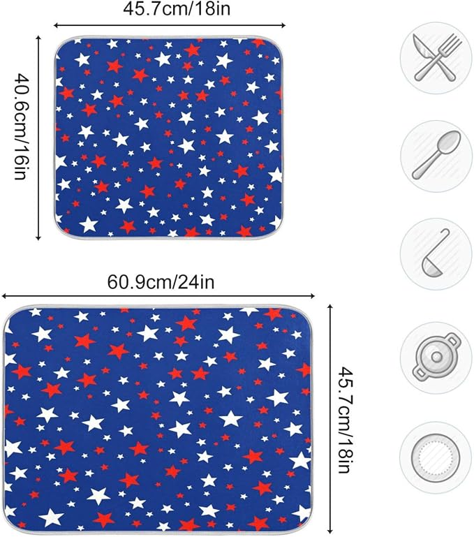 USA Patriotic Stars Memorial Dish Drying Mat 18 X 24 Inch Red Blue White Independence Day Dry Dishes Pads Tableware Mats Protector for Kitchen Countertops Counter Home Decorations