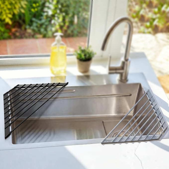Ohuhu Corner Sink Caddy, Sponge Holder for Kitchen Sink Organizer - Silicone Wrapped Steel Anti Slip Rust Triangle Over the Sink Roll-UP Dish Drying Rack for Sink Corner Kitchen Sink Accessories