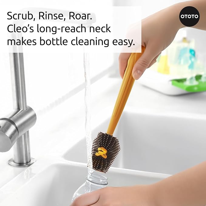 OTOTO Cleo Dish & Water Bottle Brush – Silicone Baby Bottle Brush, Water Bottle Cleaner, Dish Brush with Long Handle, Cute Lion Design, Crevice Cleaning Brush, Baby Essentials, Kitchen Gadgets