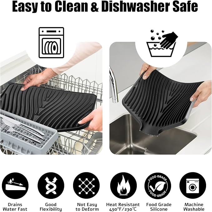 TIKNIK Silicone Dish Drying Mat for Kitchen Counter - Heat Resistant & Non-Slip Dish Drain Pad with Built-In Drain, Dishwasher Safe, Quick-Dry, Hangable & Roll-Up for Storage, Black-2pcs, 20" x 15"