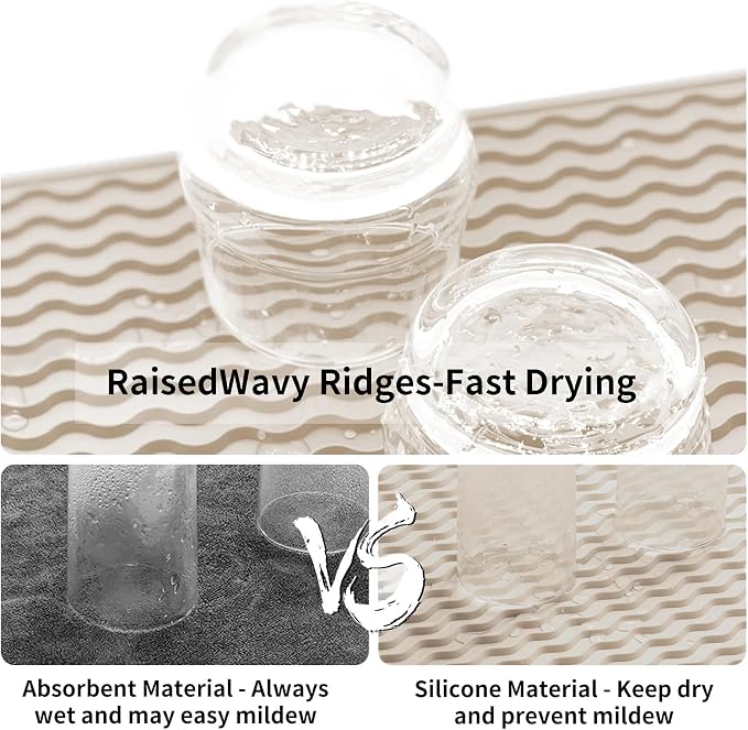ZLR Silicone Dish Drying Mat for Kitchen Counter (12" x 16" / 307 x 405mm) - Large Fast-Dry Drainer Mat with Raised Wavy Ridges & 5mm Lip - Non-Slip, Heat Resistant 450°F, BPA-Free (Cassava White)