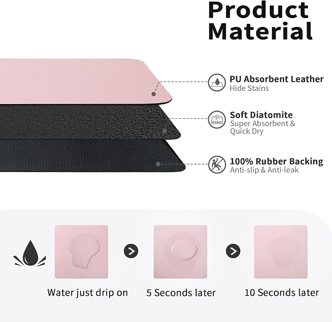HotLive Dish Drying Mat for Kitchen Counter, Heat Resistant Drainer Mats with Non-slip Rubber Backed, Hide Stain Kitchen Super Absorbent Draining Mat, Easy to Clean Dish Rack Pad, Pink 16"x20"