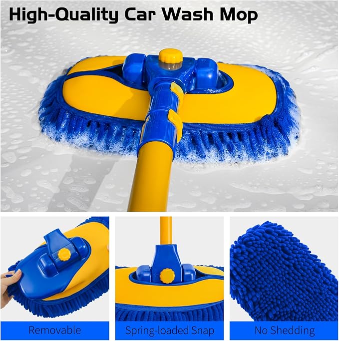 Ordenado 15°Curved Car Wash Brush with Long Handle, 43" Car Cleaning Brush with Extension Pole, Microfiber RV Wash Mop Scratch-Free, Exterior Washer Mop for Washing Roof Truck Camper SUV Caravan Blue