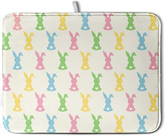 Easter Bunny Dish Drying Mat Colorful Cute Rabbits Kitchen Drying Mat Spring Microfiber Dish Dryer Pad Absorbent Reversible Dish Drainer Rack Mat Washable Dish Mat for Kitchen Countertop 18x24 Inch