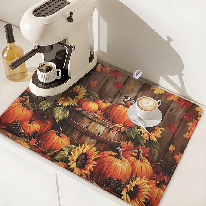 Fall Pumpkin Dish Drying Mat for Kitchen Counter Thanksgiving Autumn Harvest Pumpkin Microfiber Dish Drainer Mat Rustic Farmhouse Absorbent Washable Drying Pad 18"x24"