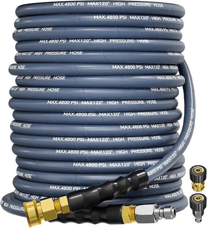 3/8" 4800PSI Pressure Washer Hose 100FT Swivel Quick Connect | Power Washer Hose for Cold/Hot Water Max 248°F, Kink Resistant Steel Wire Braided, Wear Resistant with M22 14mm Adapter