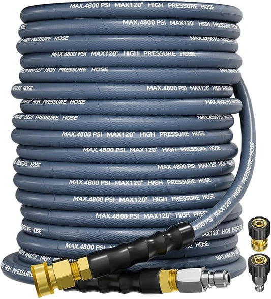 3/8" 4800PSI Pressure Washer Hose 100FT Swivel Quick Connect | Power Washer Hose for Cold/Hot Water Max 248°F, Kink Resistant Steel Wire Braided, Wear Resistant with M22 14mm Adapter
