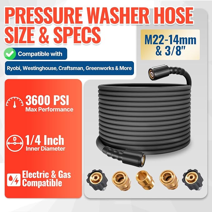 YAMATIC 3600PSI Pressure Washer Hose For Power Washer 25FT X 1/4", Kink Resistant Heavy Duty Power Washer Extension Replacement Hose With M22-14mm x 3/8" Quick Connect Kit For Gas & Electric