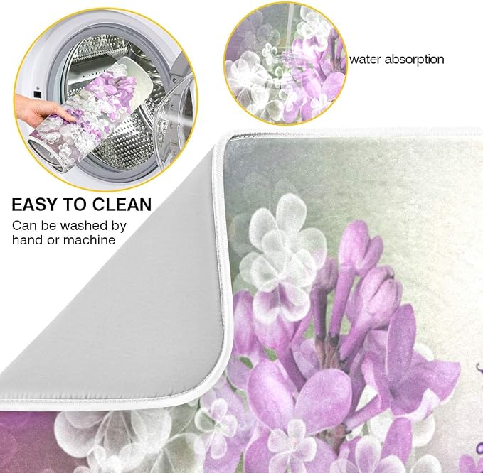Butterflies Flowers Purple Dish Drying Mat for Kitchen, Absorbent Microfiber Drying Pad Dish Mat, 24" X 18"