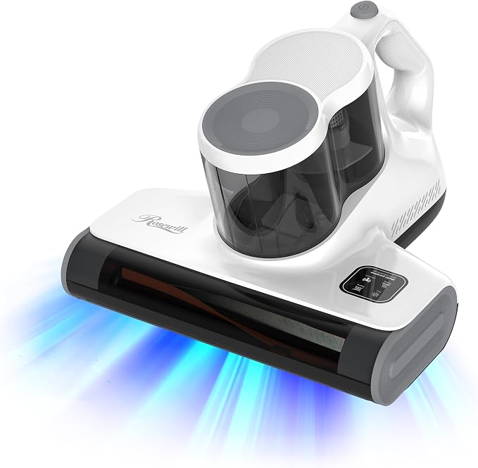 Rosewill Mattress Vacuum Cleaner: 450W 16Kpa Strong Suction, 253.7nm UV-C Light, Ultrasonic & High Heating Tech, Dual Dust Cup, Corded - White Grey