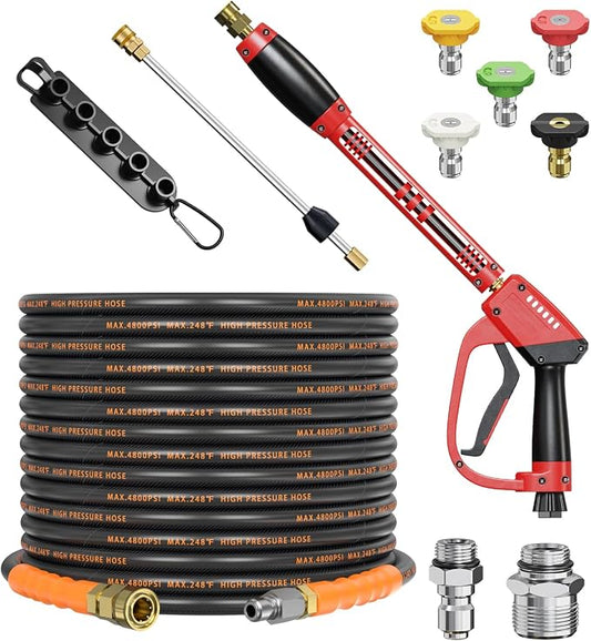 Pressure Washer Gun and Hose Kit, 4800PSI Flexible & Kink-Resistant - Steel Braided & Durable High Power Washer Hose 50 FT with 3/8" Swivel Quick Connector and M22 14mm Adapters & 5 Nozzles