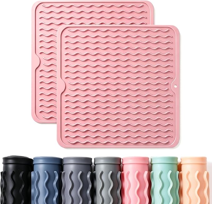 2 Pack Caketime Silicone Dish Drying Mat for Kitchen Counter Cooking Baking Liners Drawer Storage Refrigerator Espresso Machine Station Utensil Holder Washer Trivets Oven Grill Gifts 12"x12" Pink