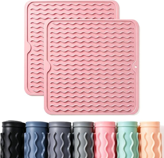 2 Pack Caketime Silicone Dish Drying Mat for Kitchen Counter Cooking Baking Liners Drawer Storage Refrigerator Espresso Machine Station Utensil Holder Washer Trivets Oven Grill Gifts 12"x12" Pink